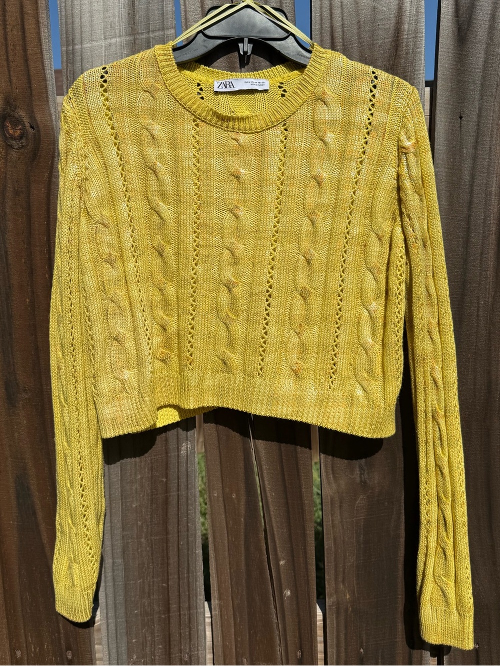 Zara Bright Yellow Cable-Knit Cropped Crew Sweater